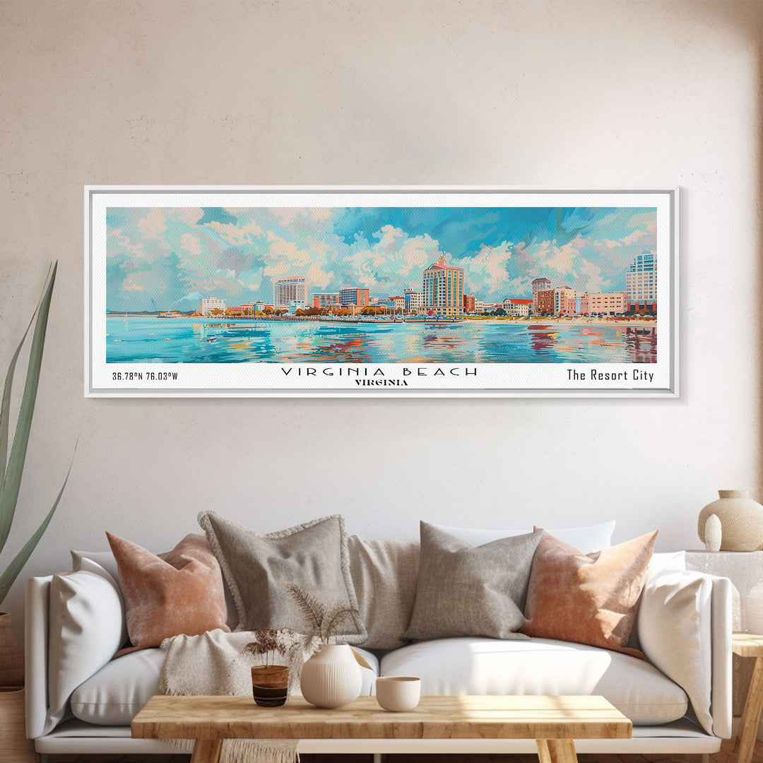 Virginia Beach Virginia Panoramic Painting, Framed Canvas Print, Retro Style Travel Poster, Unique Home Decor, Artistic Office Wall Art