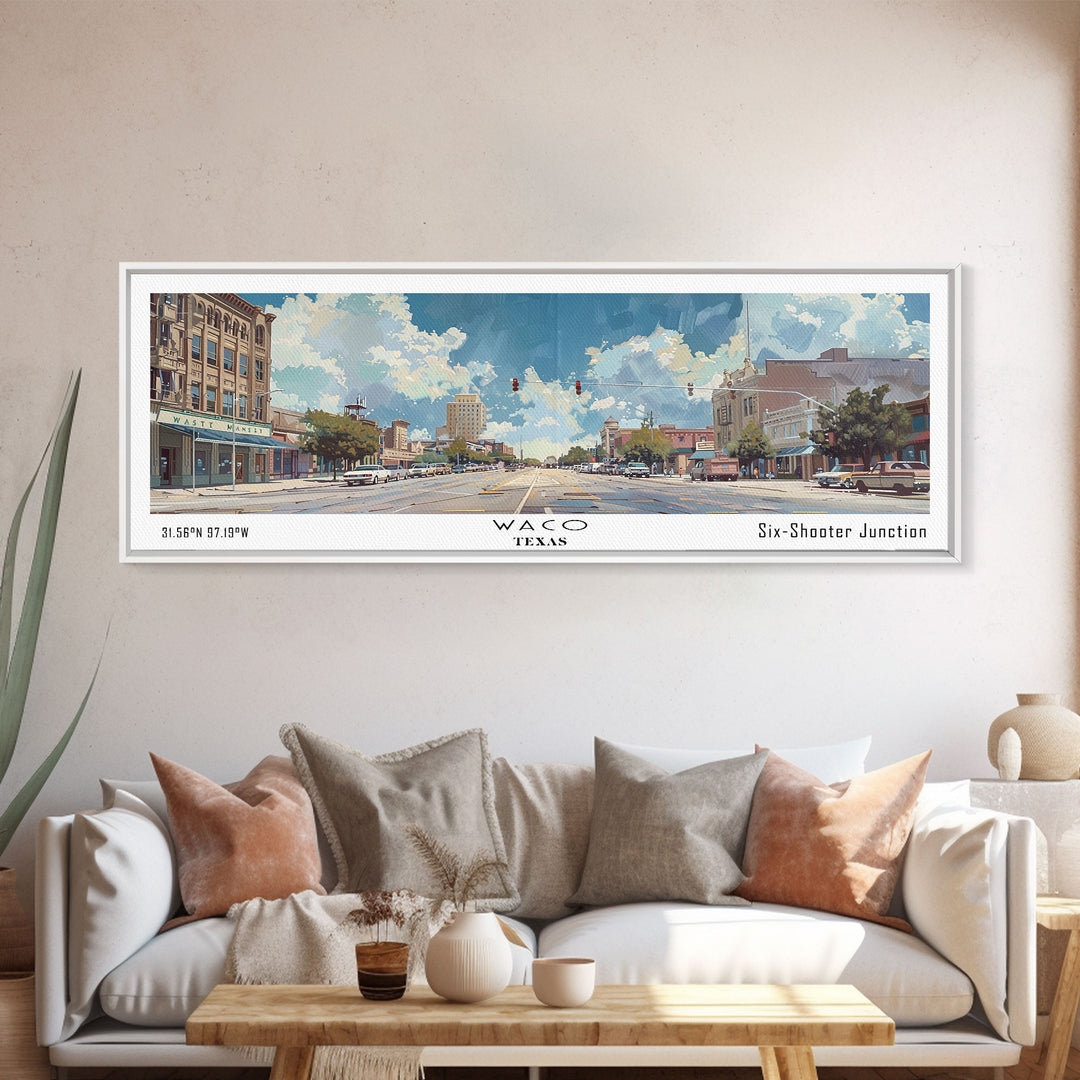 Waco Texas Panoramic Wall Art, Framed Canvas Print, Vintage Style Travel Poster, Artistic Home Decor, Unique Office Piece, Gift Idea