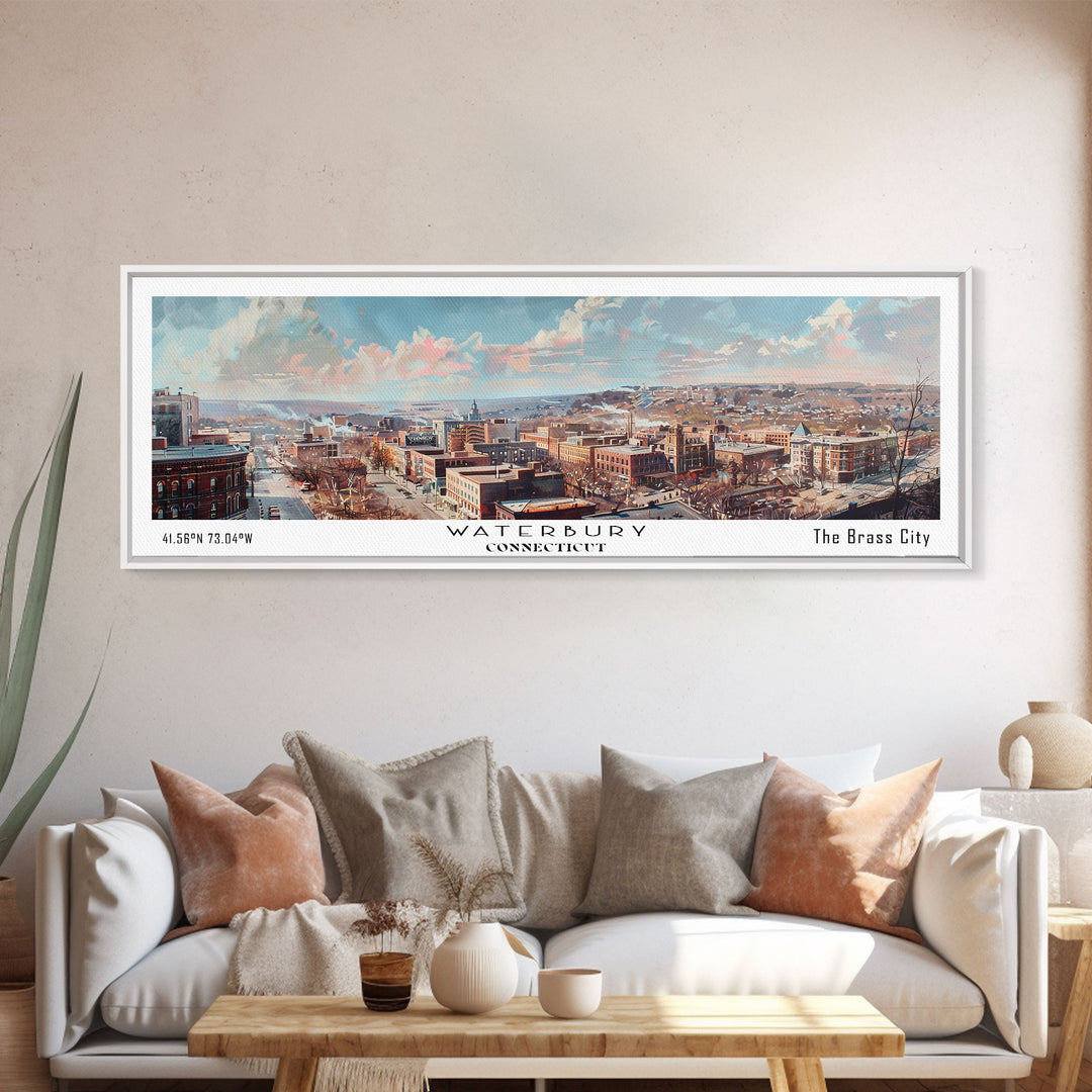 Waterbury Connecticut Panoramic Framed Canvas Print, Vintage Travel Poster, Artistic Wall Art, Unique Home Decor, Office Gift Idea