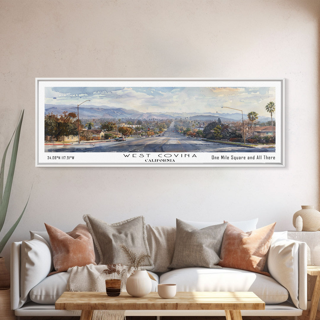 West Covina California Panoramic Painting, Framed Canvas Print, Vintage Travel Poster, Artistic Home Decor, Unique Office Wall Art