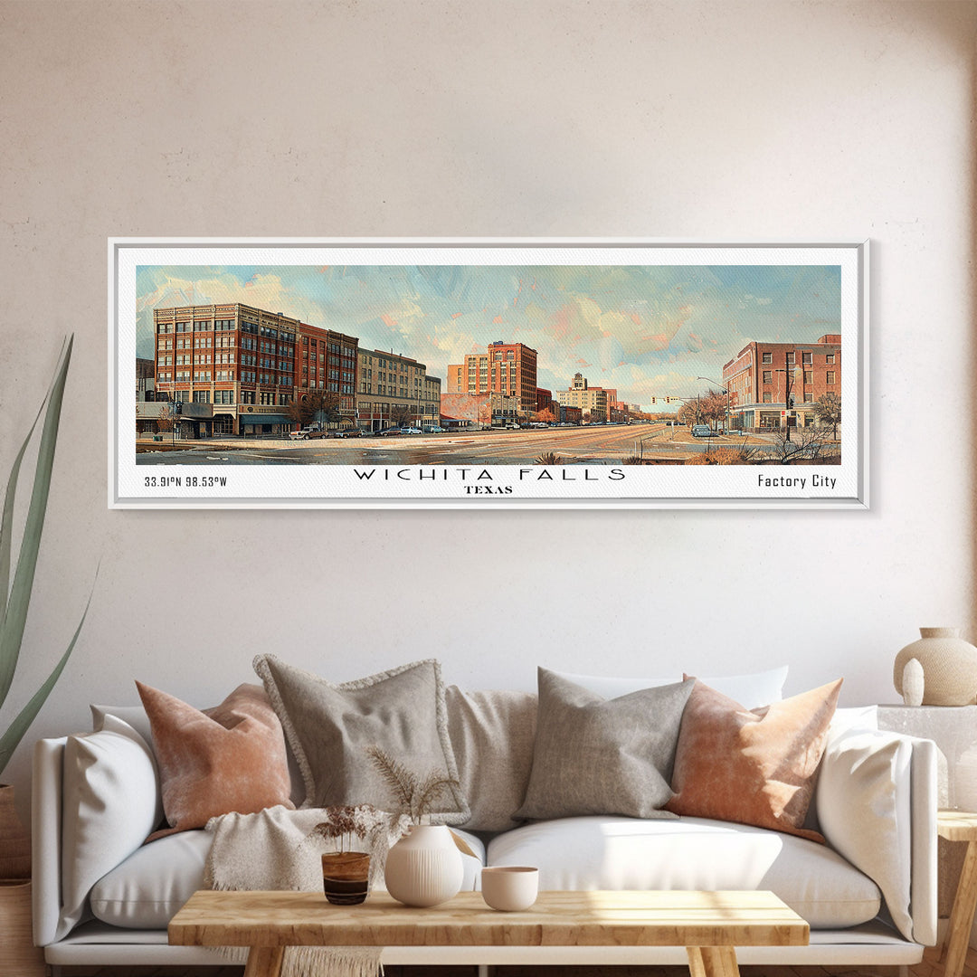 Wichita Falls Texas Panoramic Framed Canvas Print, Vintage Travel Poster, Unique Wall Art, Artistic Living Room Decor, Office Gift Idea