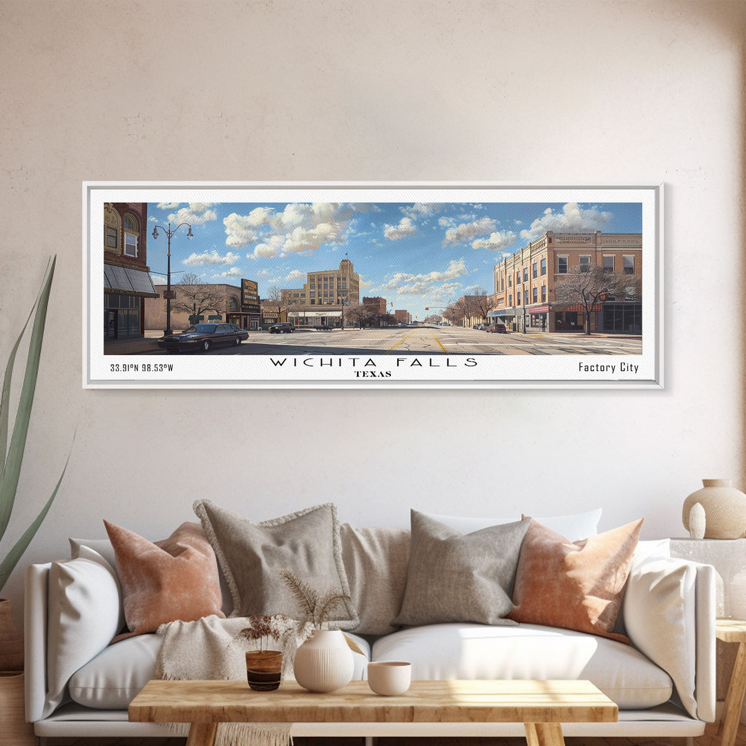 Wichita Falls Texas Panoramic Painting, Framed Canvas Print, Retro Style Travel Poster, Unique Home Decor, Artistic Office Wall Art