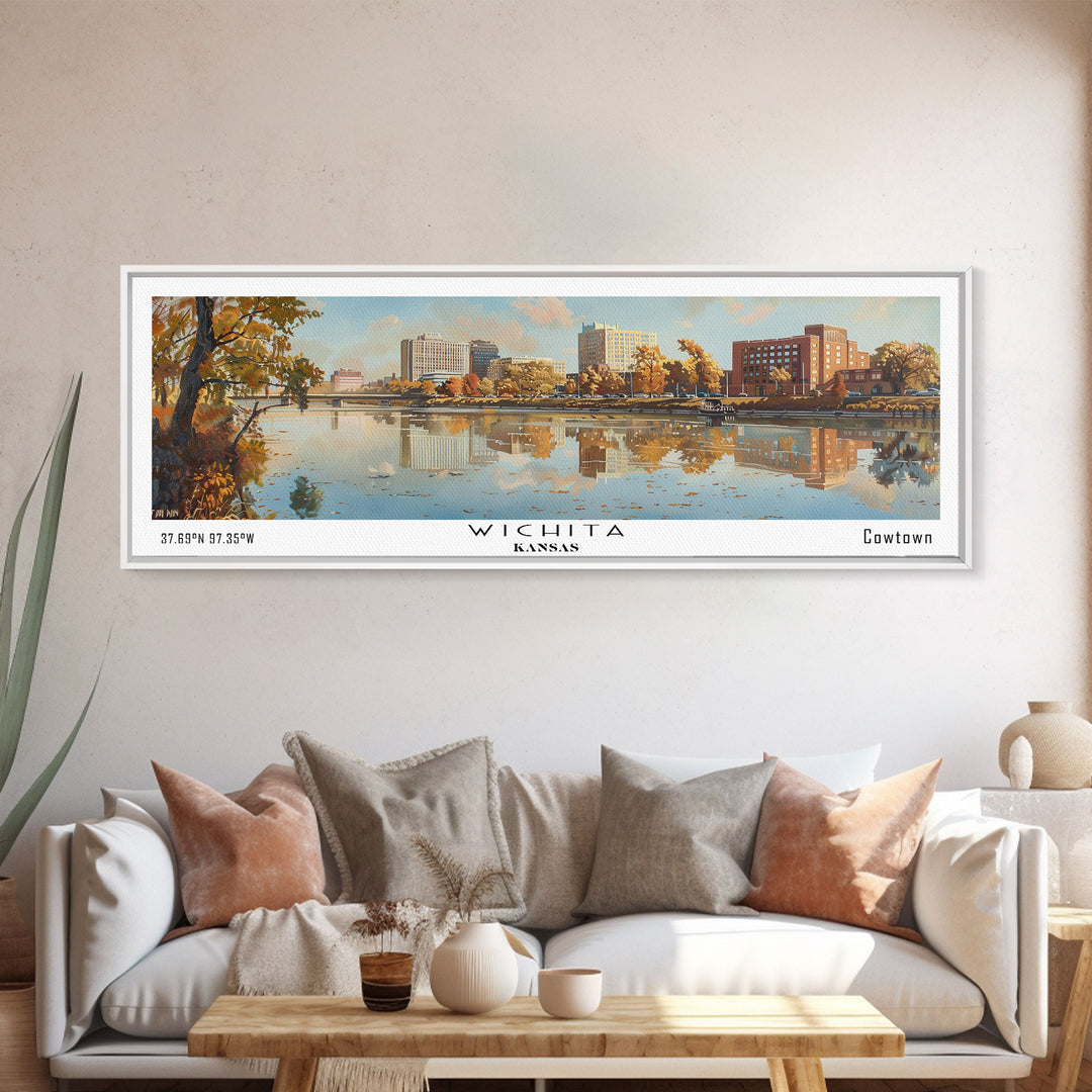 Wichita Kansas Panoramic Painting, Framed Canvas Print, Vintage Travel Poster, Artistic Home Decor, Unique Office Wall Art