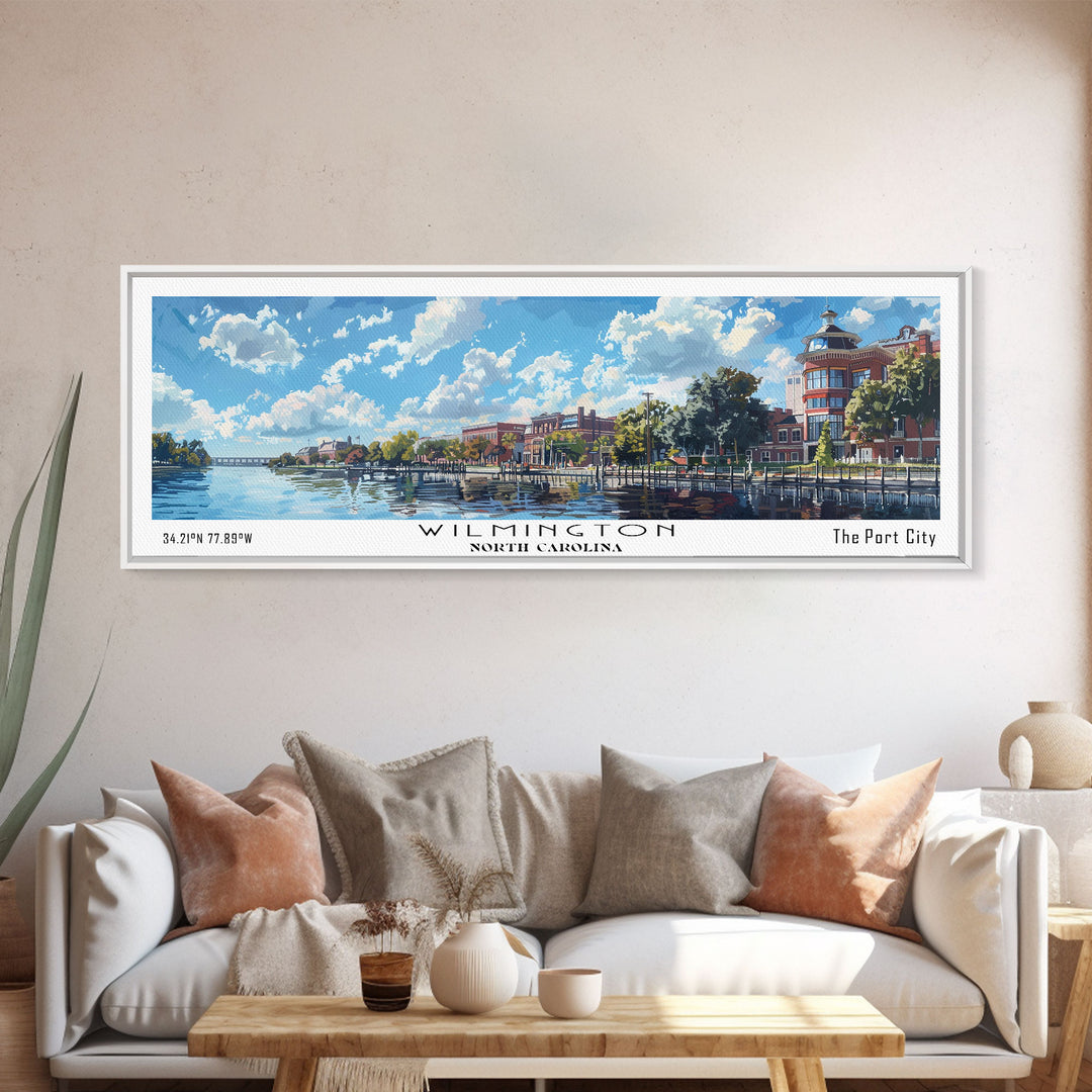 Wilmington North Carolina Panoramic Painting, Framed Canvas Print, Vintage Travel Poster, Artistic Wall Art, Unique Home Decor, Office Gift Idea