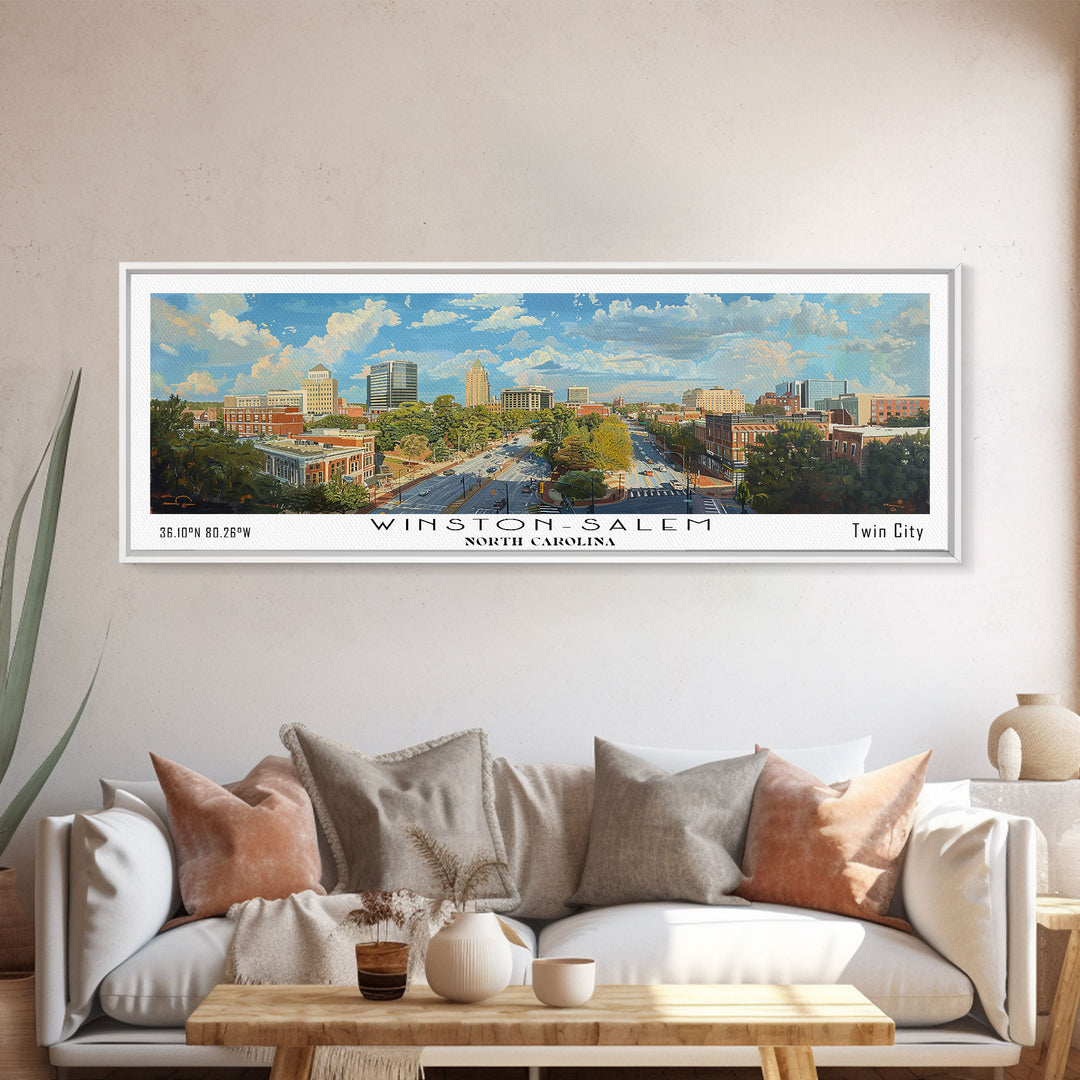 Winston-Salem North Carolina Panoramic Framed Canvas Print, Retro Travel Poster, Artistic Wall Art, Unique Living Room Decor, Office Gift, Original Artwork