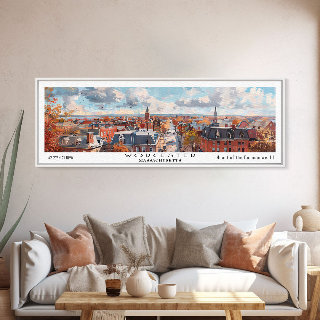 Worcester Massachusetts Panoramic Framed Canvas Print, Vintage Travel Poster, Artistic Wall Art, Unique Living Room Decor, Office Gift, Home Decoration