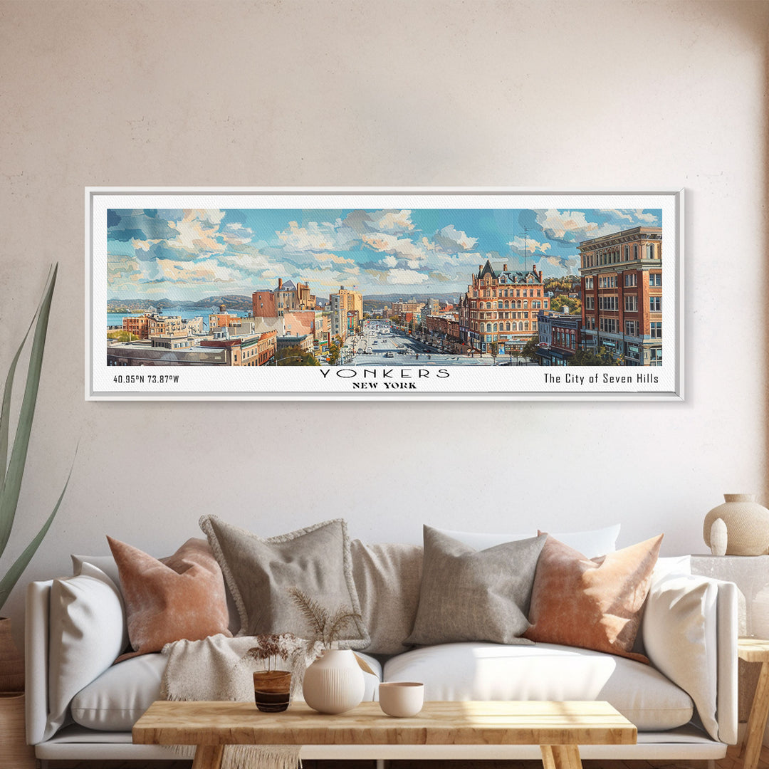 Yonkers New York Panoramic Framed Canvas Print, Retro Style Travel Poster, Artistic Wall Art, Unique Office Decor, Living Room Gift