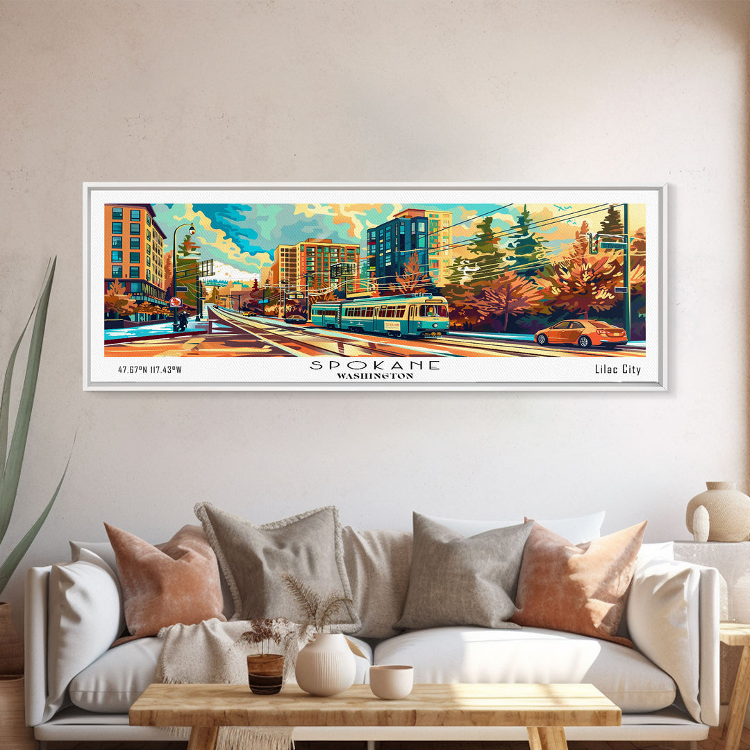 Spokane Washington Panoramic Painting, Mid Century Modern Framed Canvas Print, Retro Pop Art Travel Poster, Wall Decor, Office Art