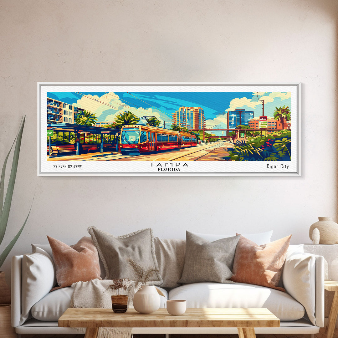 Tampa Florida Panoramic Wall Art, Retro Pop Art Framed Canvas Print, Mid Century Modern Travel Poster, Living Room Decor, Wall Hanging