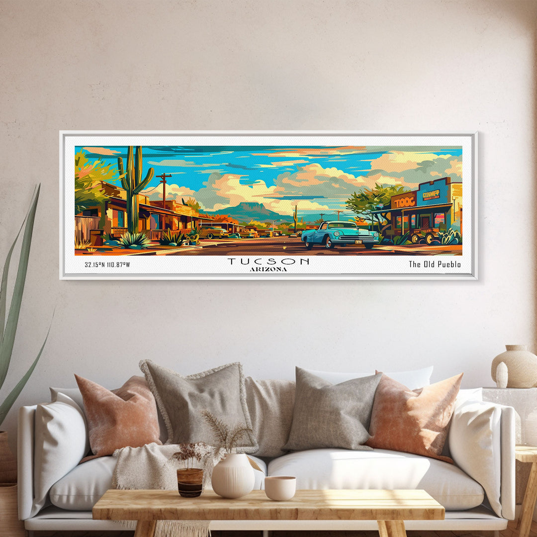 Tucson Arizona Panoramic Wall Art, Mid Century Modern Framed Canvas Print, Retro Pop Art Travel Poster, Office Wall Art, Living Room Decor