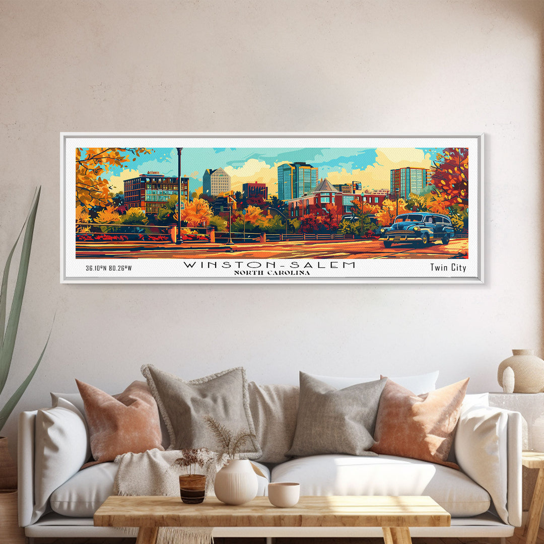 Winston-Salem North Carolina Panoramic Wall Art, Retro Pop Art Framed Canvas Print, Mid Century Modern Travel Poster, Wall Hanging