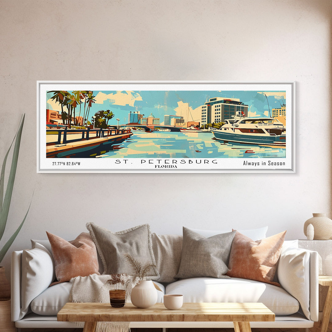 St. Petersburg Florida Panoramic Wall Art, Mid Century Modern Framed Canvas Print, Retro Pop Art Travel Poster, Living Room and Office Wall Art