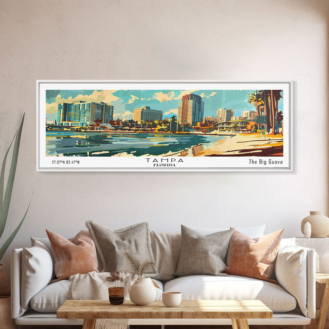 Tampa Florida Panoramic Wall Art, Mid Century Modern Framed Canvas Print, Retro Pop Art Travel Poster, Living Room and Office Wall Art