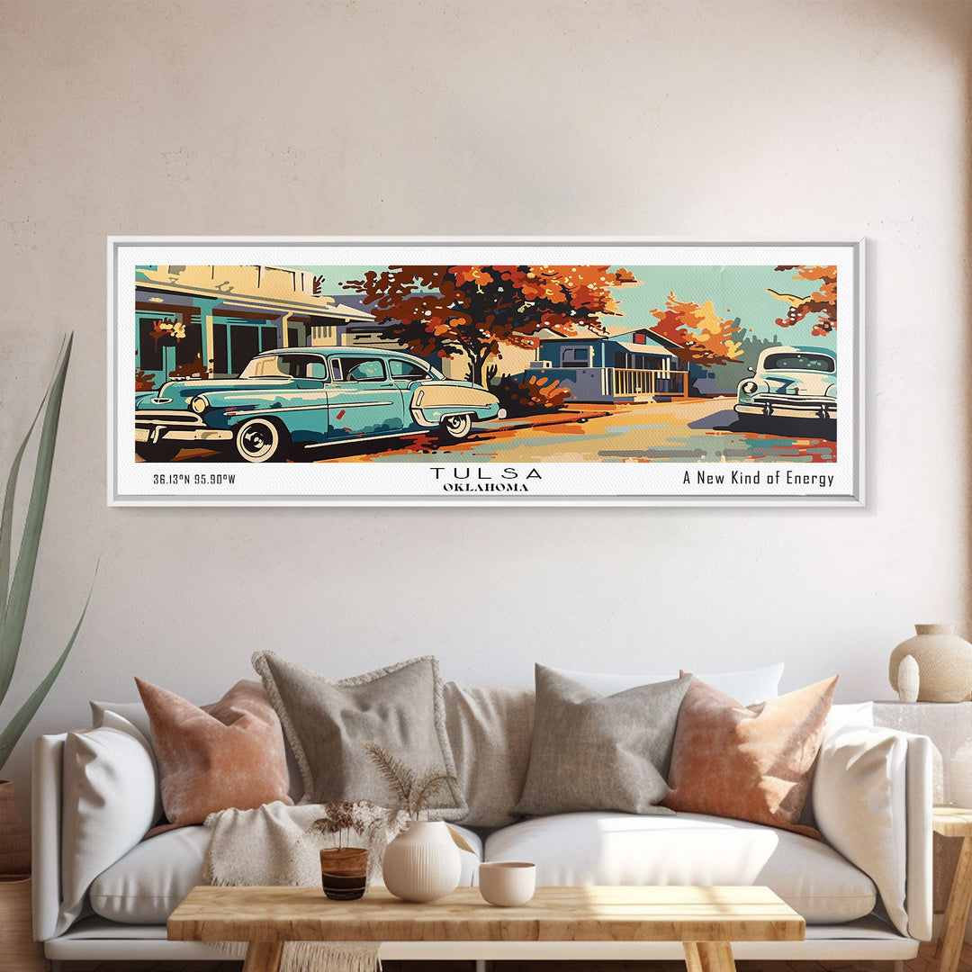 Tulsa Oklahoma Panoramic Painting, Mid Century Modern Framed Canvas Print, Retro Pop Art Travel Poster, Living Room and Office Wall Art Decor