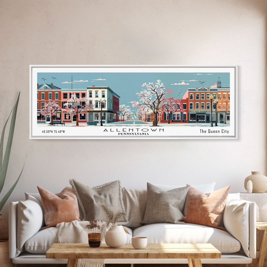 Allentown Pennsylvania Panoramic Painting, Mid Century Modern Framed Canvas Print, Retro Pop Art Travel Poster, Office Art, City Print