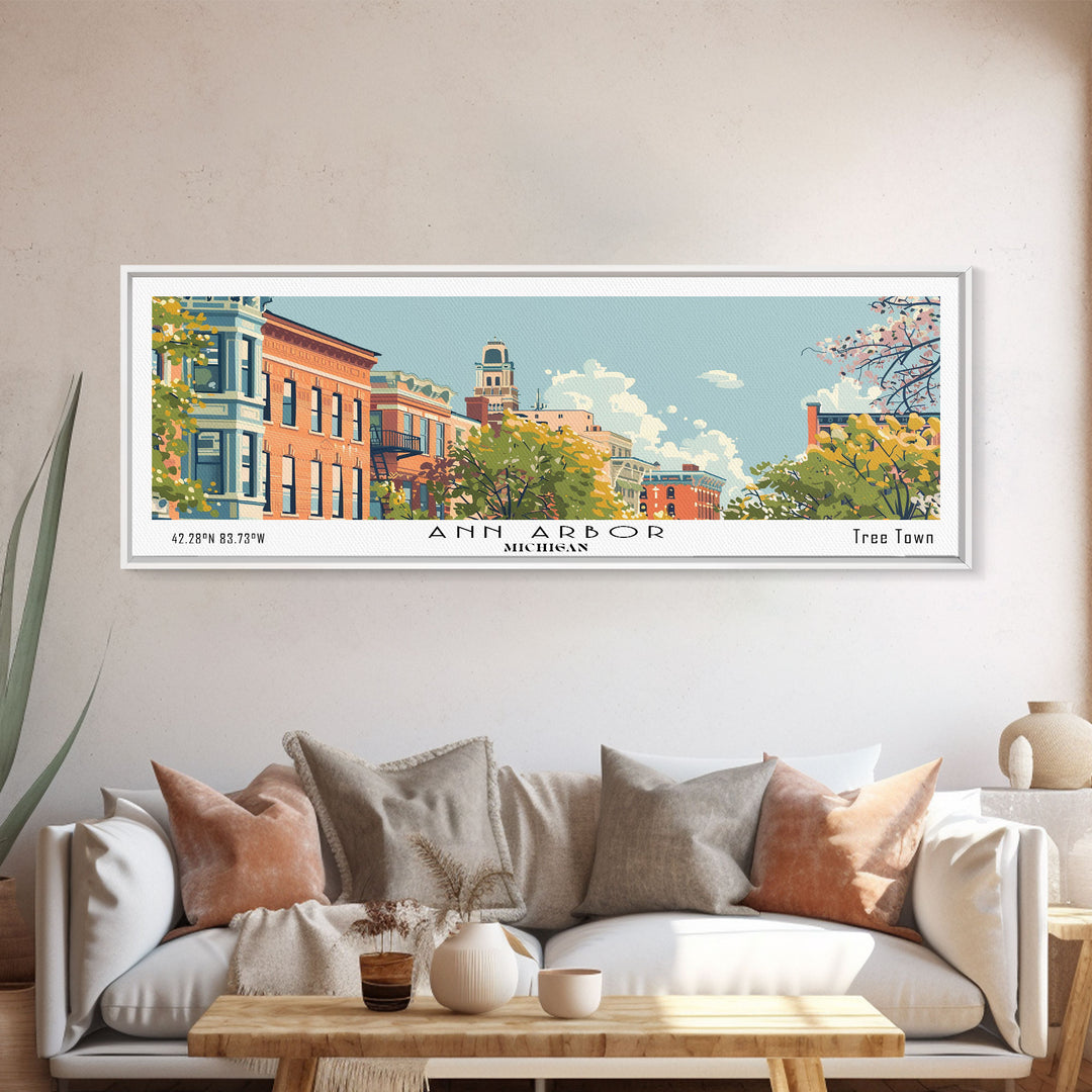 Ann Arbor Michigan Panoramic Painting, Mid Century Modern Framed Canvas Print, Retro Pop Art Travel Poster, Living Room Wall Art Decor, City Print