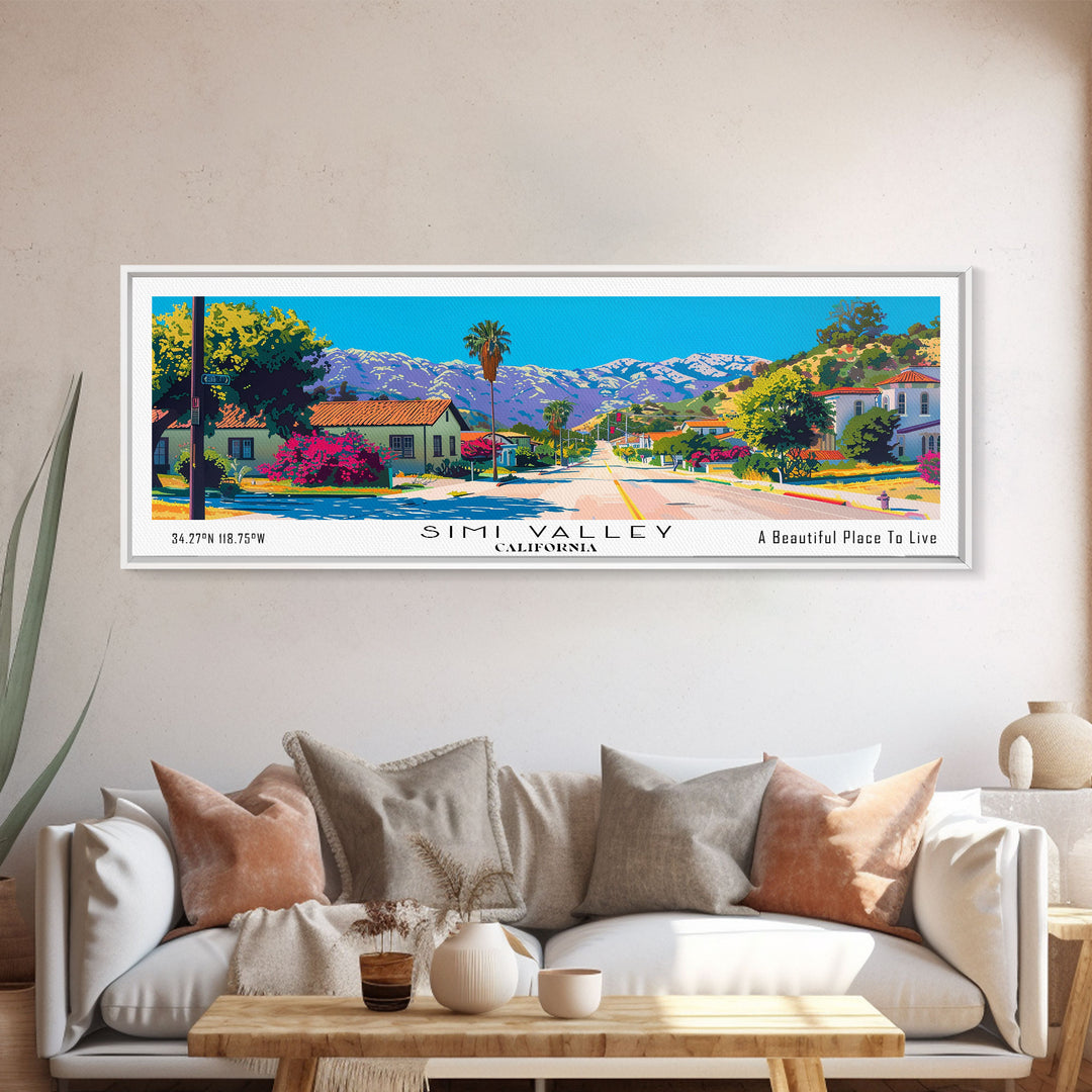 Simi Valley California Panoramic Painting, Mid Century Modern Framed Canvas Print, Retro Pop Art Travel Poster, Living Room Wall Art Decor