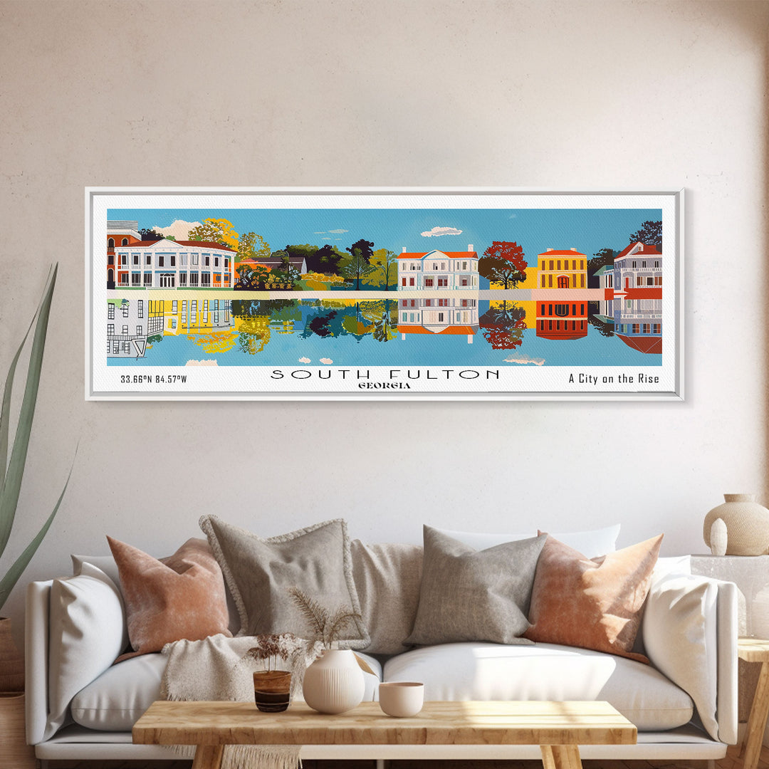 South Fulton Georgia Panoramic Wall Art, Mid Century Modern Framed Canvas Print, Retro Pop Art Travel Poster, Office Wall Decor and Gift Idea