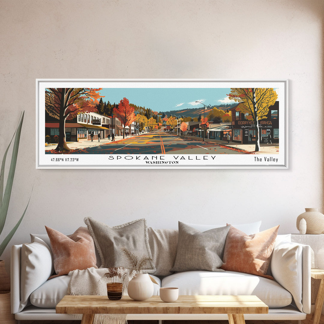 Spokane Valley Washington Panoramic Painting, Mid Century Modern Framed Canvas Print, Retro Pop Art Travel Poster, Wall Hanging for Home Decor