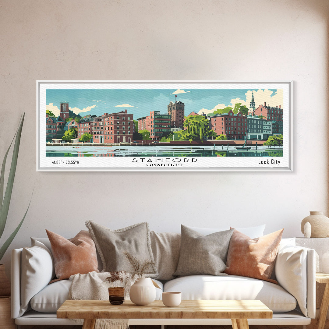 Stamford Connecticut Panoramic Wall Art, Mid Century Modern Framed Canvas Print, Retro Pop Art Travel Poster, Living Room and Office Decor