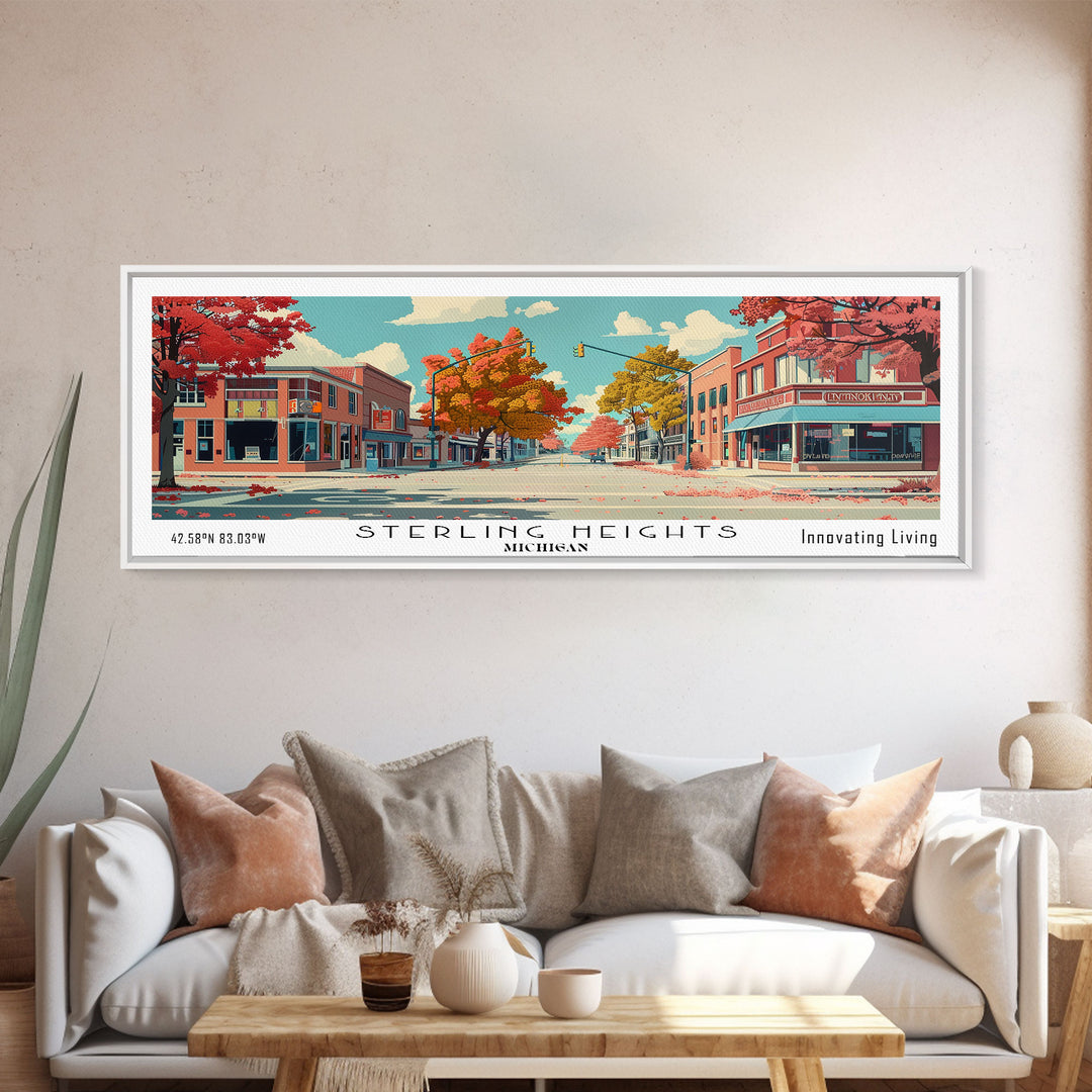 Sterling Heights Michigan Panoramic Art, Mid Century Modern Framed Canvas Print, Retro Pop Art Travel Poster, Office Wall Art, Home Decoration