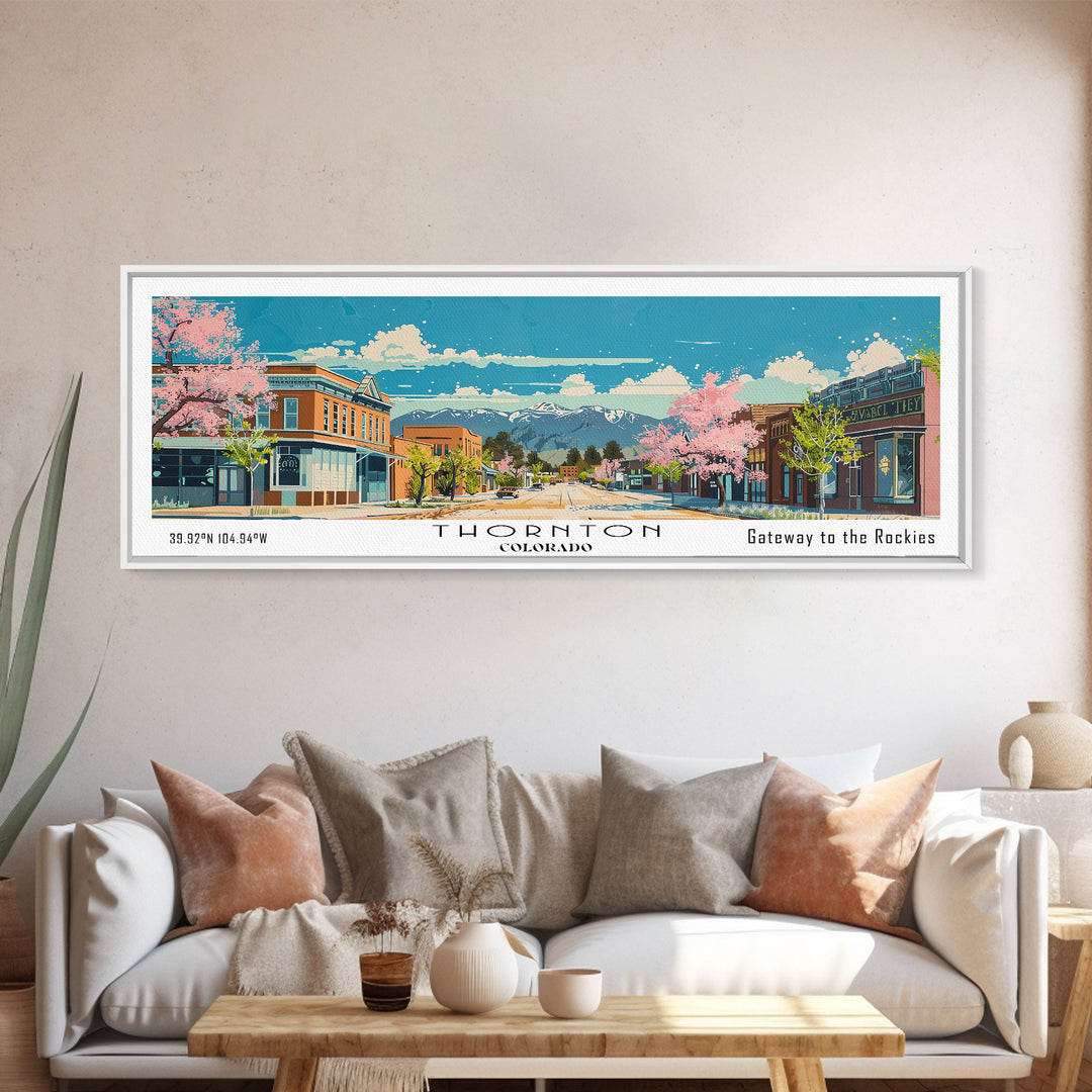 Thornton Colorado Panoramic Painting, Mid Century Modern Framed Canvas Print, Retro Pop Art Travel Poster, Living Room Wall Art Decor