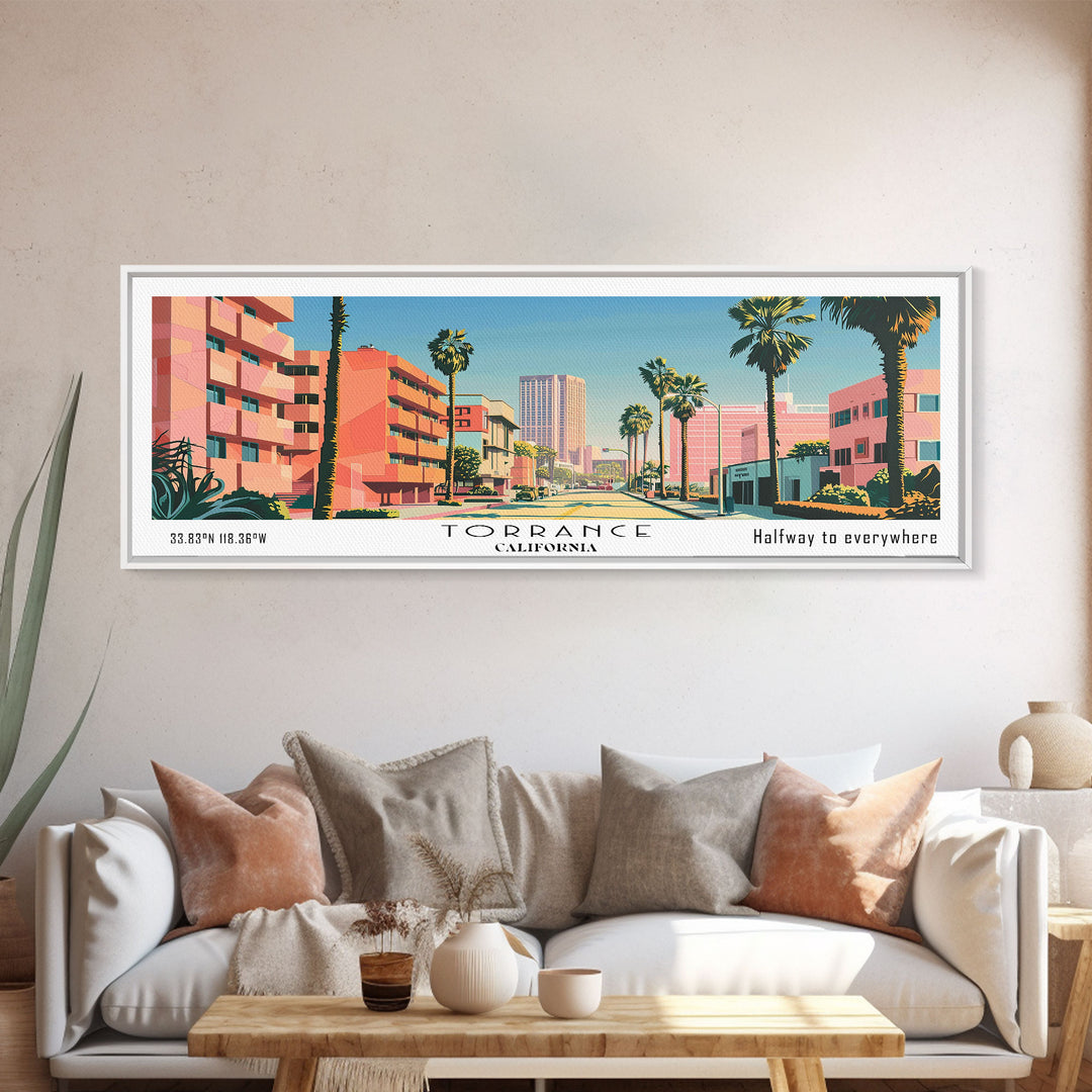 Torrance California Panoramic Wall Art, Mid Century Modern Framed Canvas Print, Retro Pop Art Travel Poster, Living Room and Office Decor