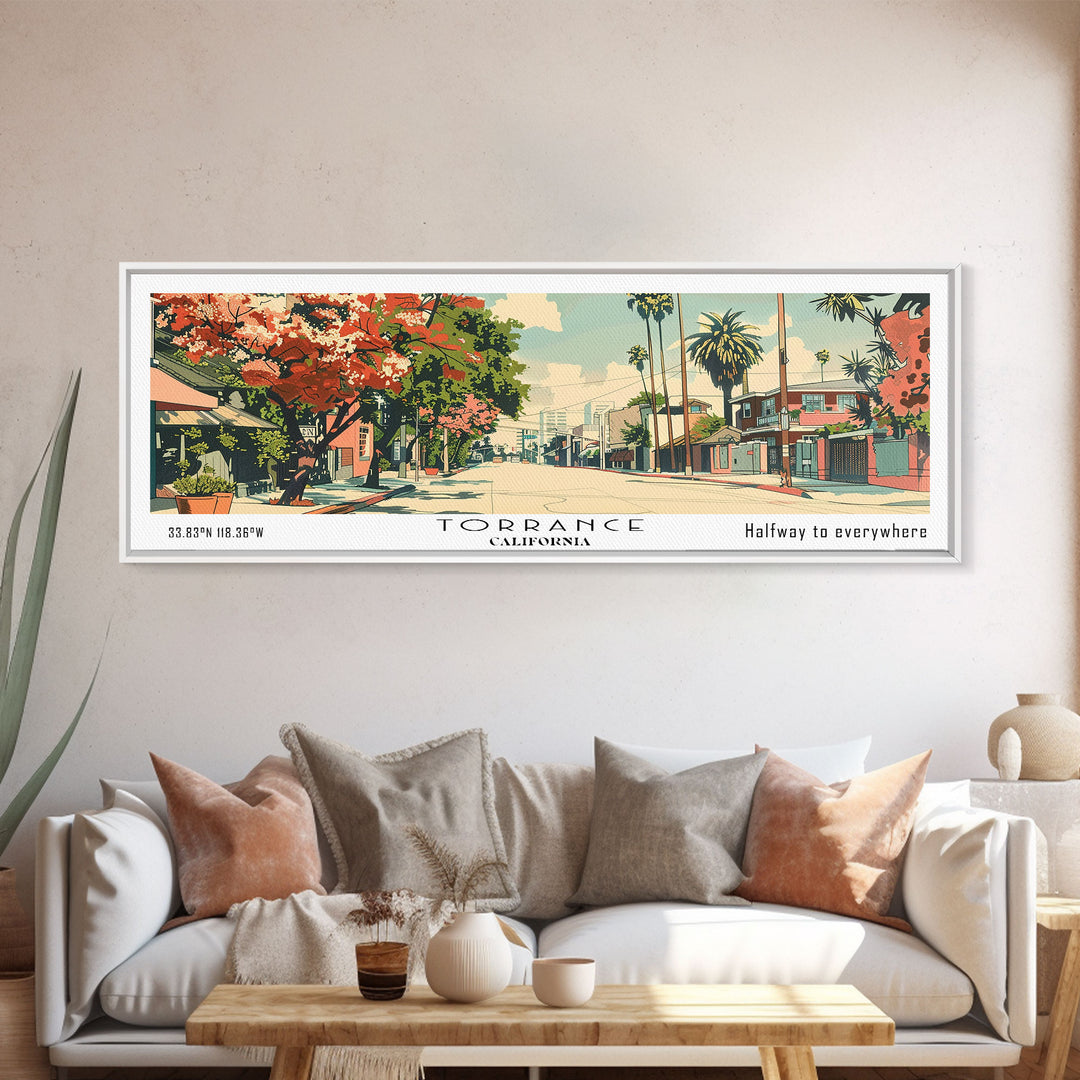 Torrance California Panoramic Painting, Mid Century Modern Framed Canvas Print, Retro Pop Art Travel Poster, Wall Hanging for Home Decor