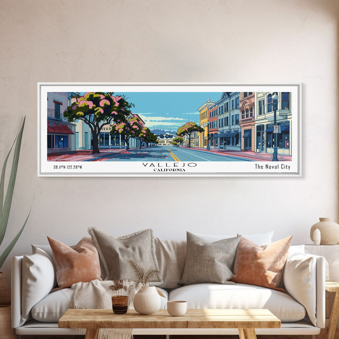 Vallejo California Panoramic Painting, Mid Century Modern Framed Canvas Print, Retro Pop Art Travel Poster, Office Wall Art, Home Decoration