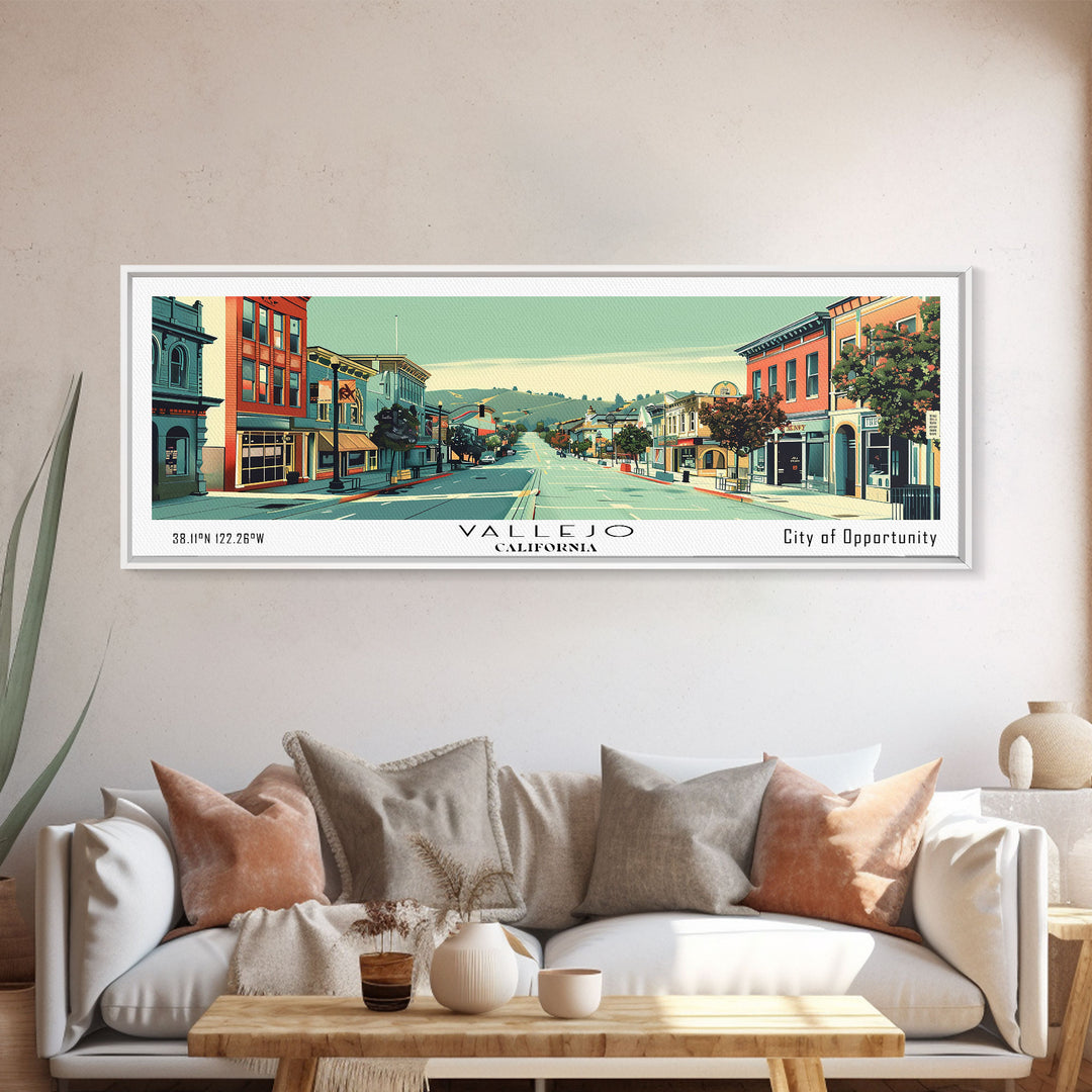 Vallejo California Panoramic Art, Mid Century Modern Framed Canvas Print, Retro Pop Art Travel Poster, City Print, Living Room Wall Decor