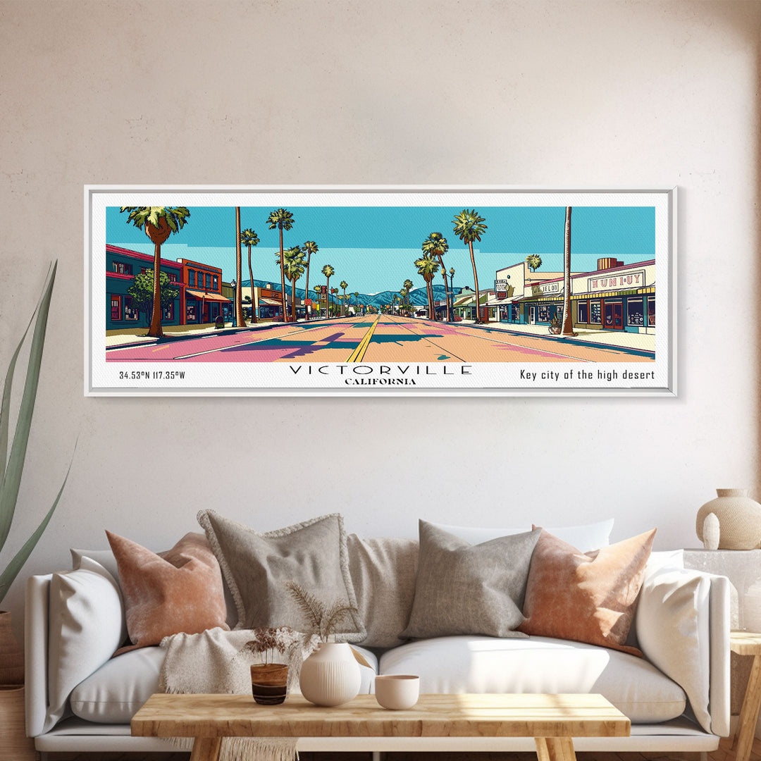 Victorville California Panoramic Art, Mid Century Modern Framed Canvas Print, Retro Pop Art Travel Poster, City Print, Living Room Decor