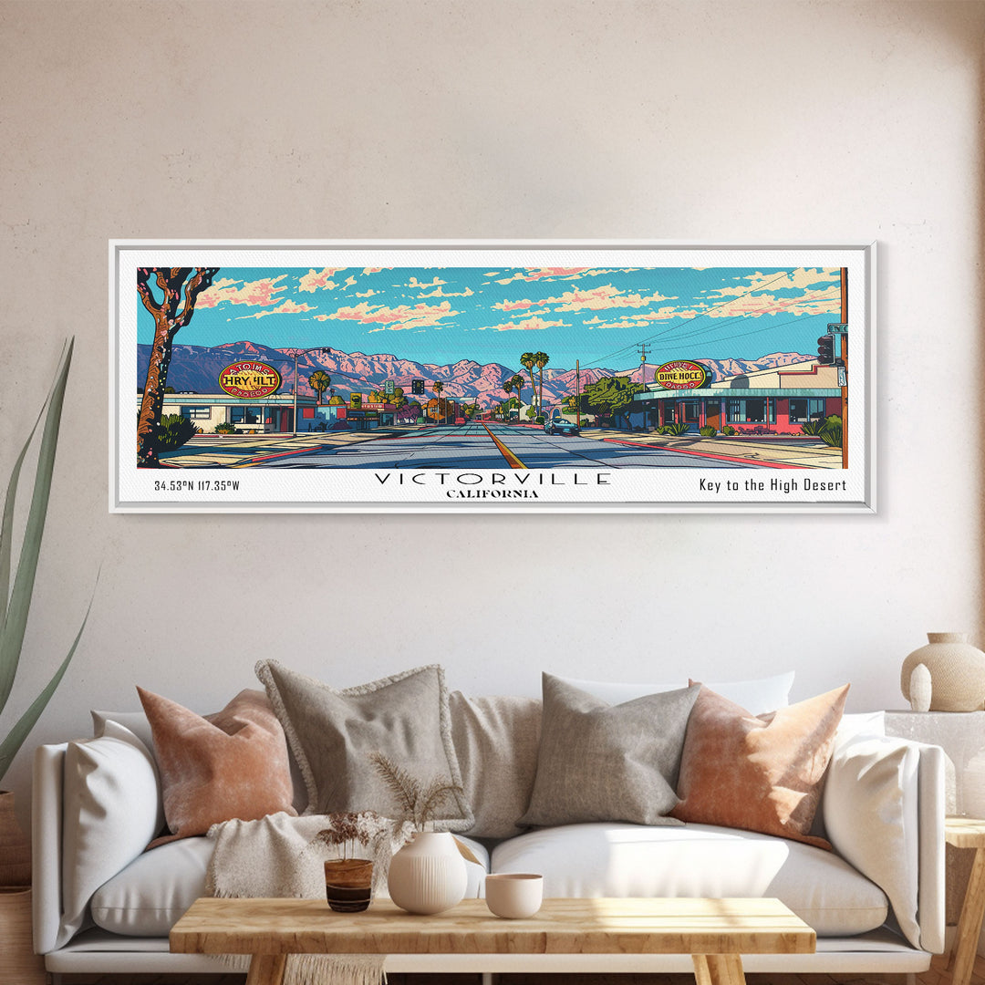 Victorville California Panoramic Wall Art, Mid Century Modern Framed Canvas Print, Retro Pop Art Travel Poster, City Art, Home Decoration