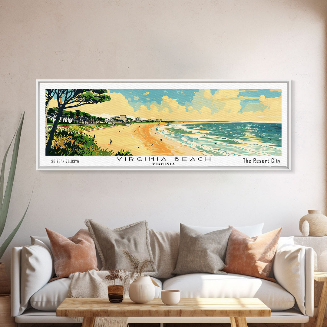 Virginia Beach Virginia Panoramic Painting, Mid Century Modern Framed Canvas Print, Retro Pop Art Travel Poster, Office Wall Art, Home Decoration