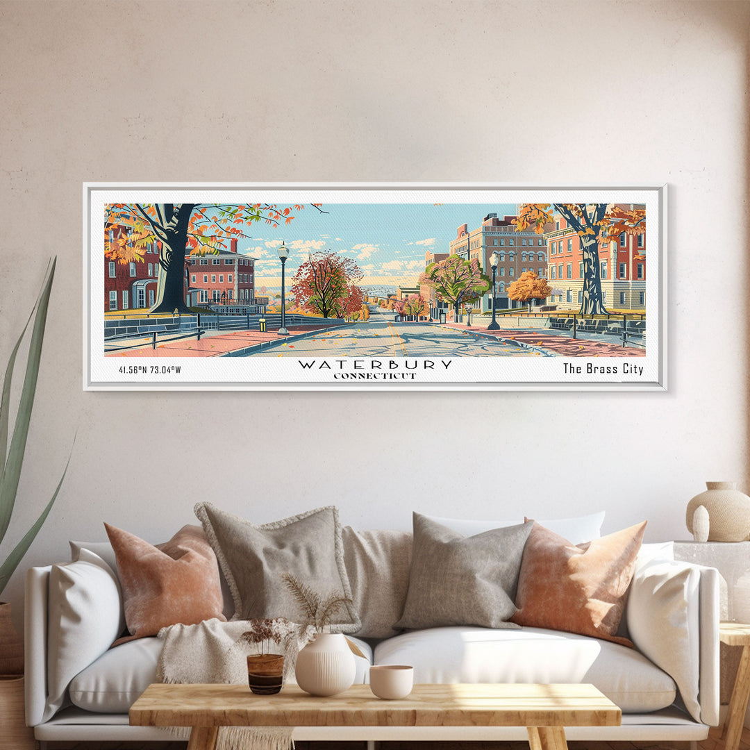 Waterbury Connecticut Panoramic Art, Mid Century Modern Framed Canvas Print, Retro Pop Art Travel Poster, City Print, Living Room Wall Decor