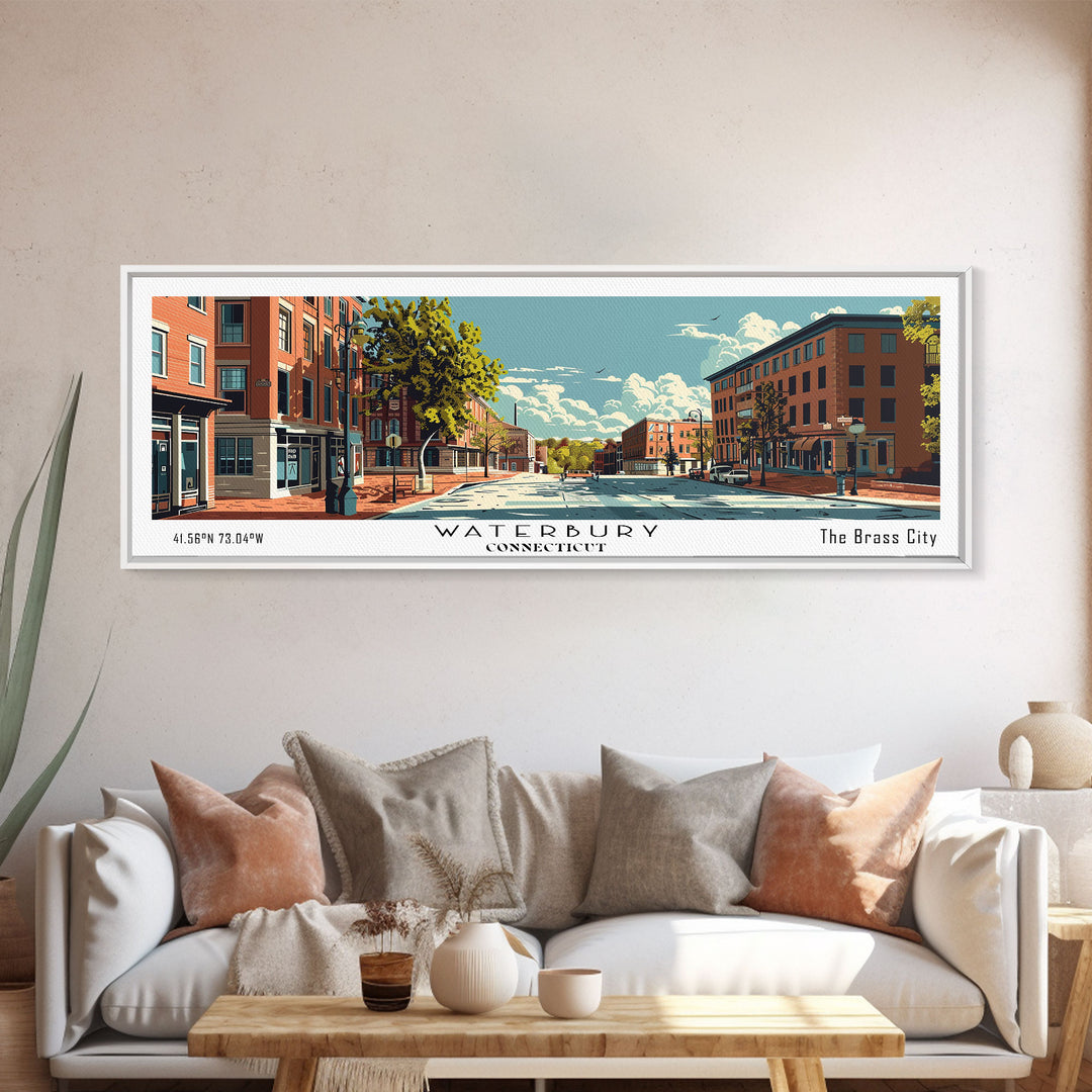 Waterbury Connecticut Panoramic Wall Art, Mid Century Modern Framed Canvas Print, Retro Pop Art Travel Poster, City Art, Home Decoration