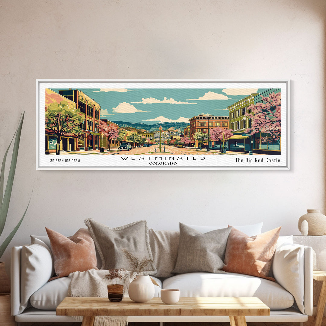 Westminster Colorado Panoramic Painting, Mid Century Modern Framed Canvas Print, Retro Pop Art Travel Poster, Office Wall Art, Home Decoration