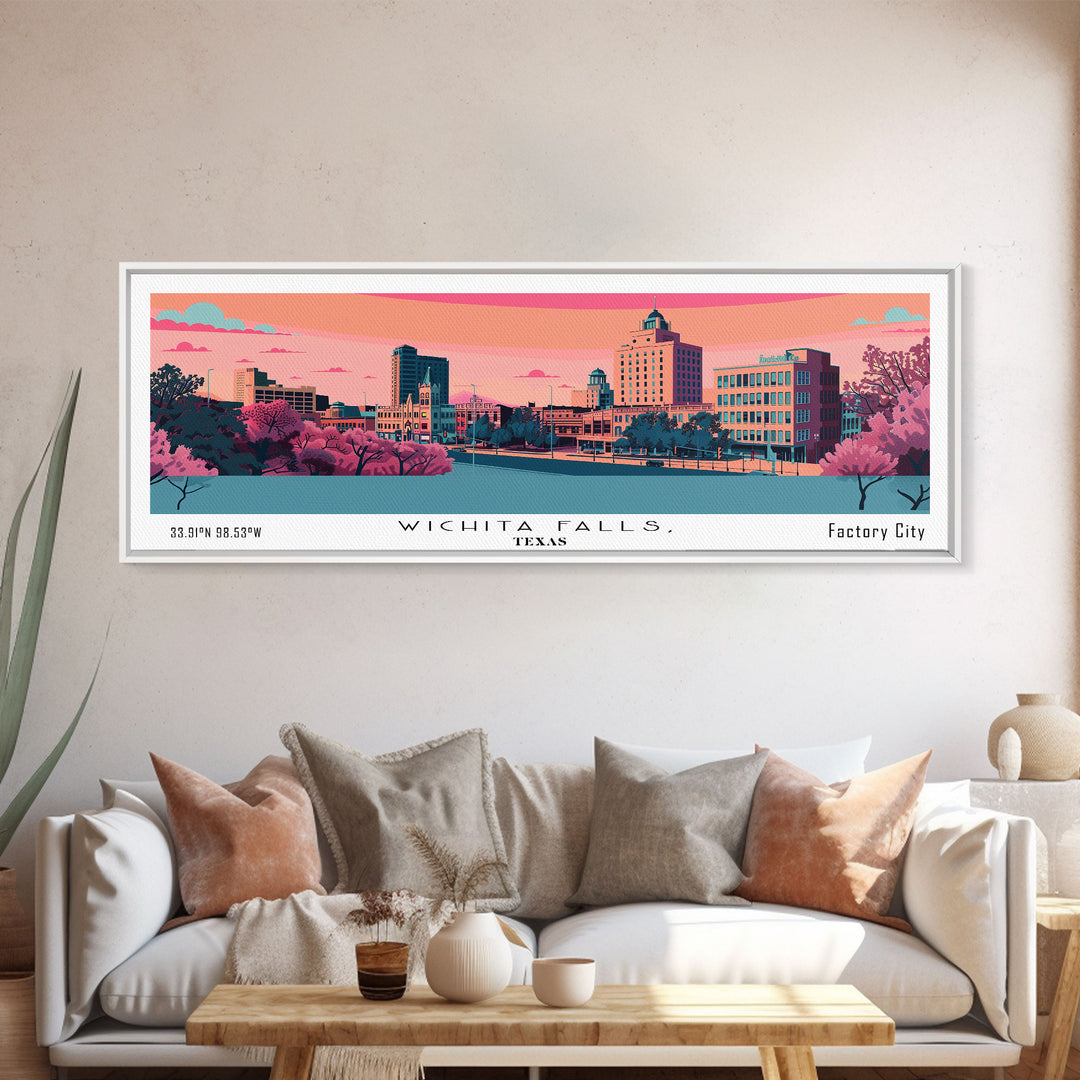 Wichita Falls Texas Panoramic Art, Mid Century Modern Framed Canvas Print, Retro Pop Art Travel Poster, City Print, Living Room Wall Decor