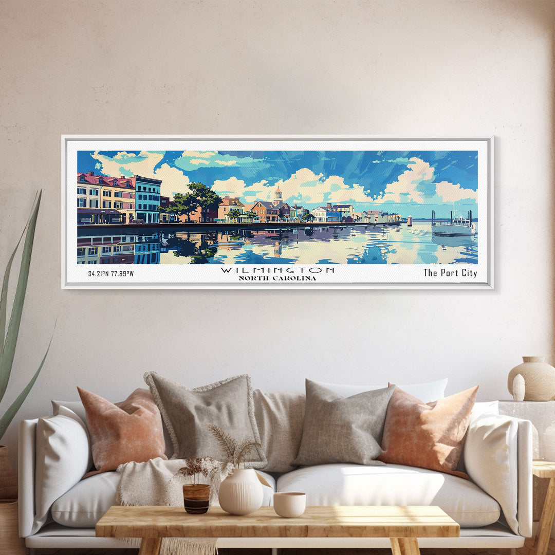 Wilmington North Carolina Panoramic Wall Art, Mid Century Modern Framed Canvas Print, Retro Pop Art Travel Poster, City Art, Home Decoration