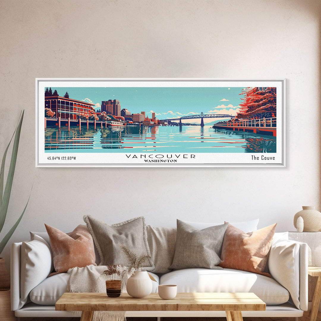 Vancouver Washington Panoramic Cityscape, Mid Century Modern Framed Canvas Print, Retro Pop Art Travel Poster, City Art Decor, Living Room Art