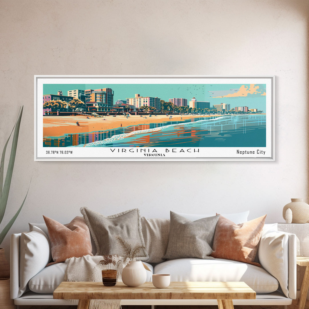 Virginia Beach Virginia Panoramic Wall Art, Mid Century Modern Framed Canvas Print, Retro Pop Art Travel Poster, Beach City Art, Home Office Decor