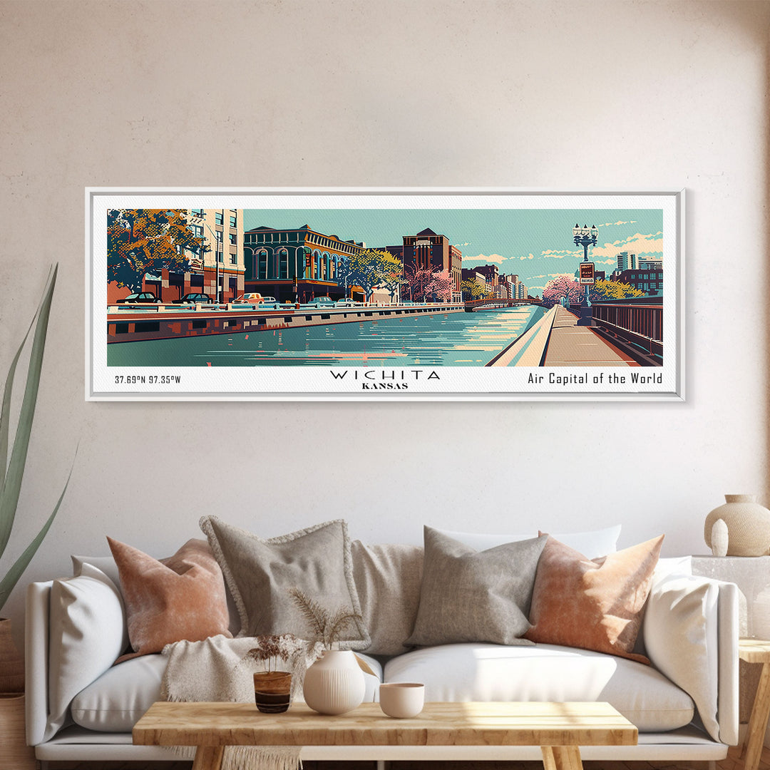 Wichita Kansas Panoramic Wall Art, Mid Century Modern Framed Canvas Print, Retro Pop Art Travel Poster, Cityscape Decor, Office Wall Art