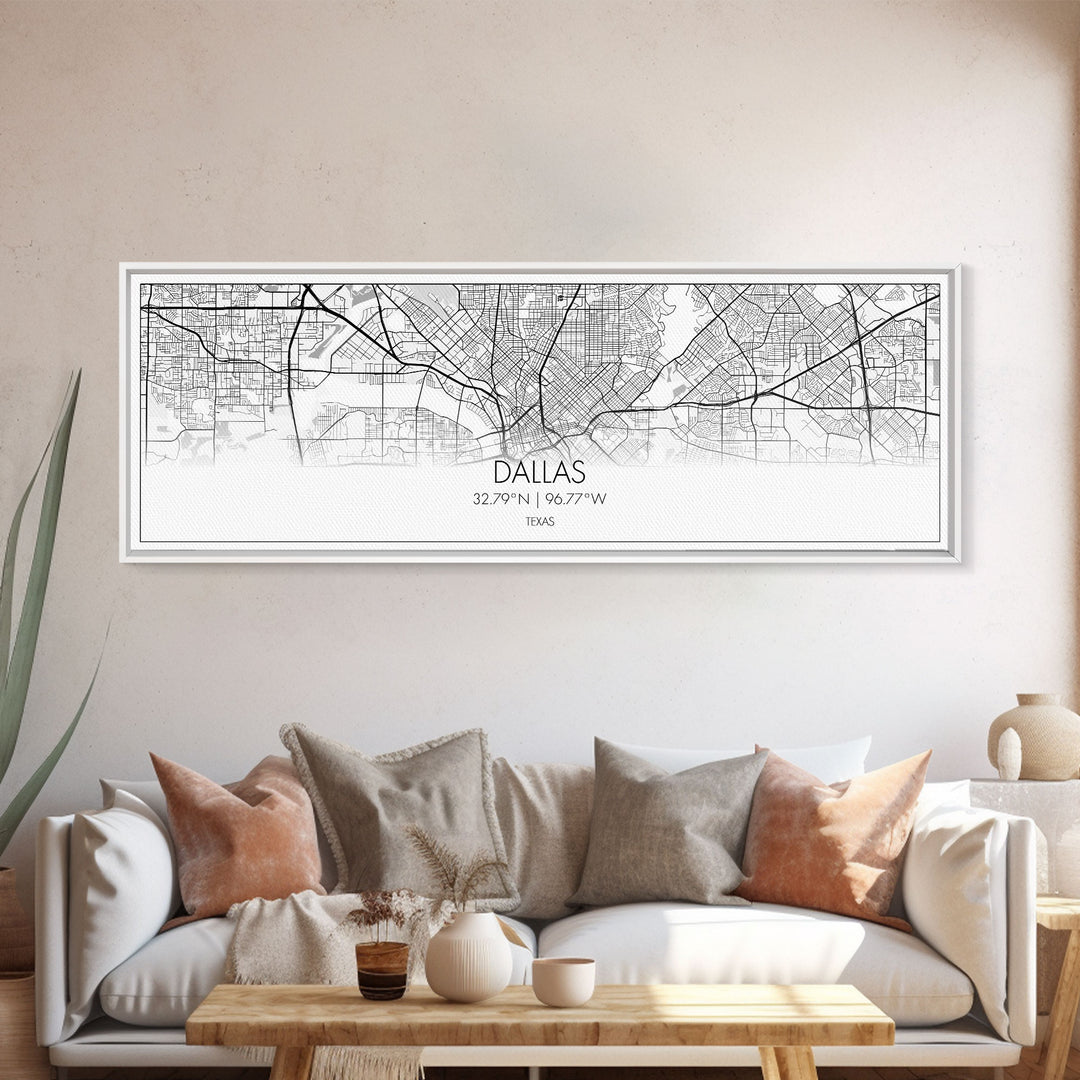 Panoramic Dallas City Map, Texas Art, Map Print, Minimalist Wall Art, Canvas Art, Housewarming Gift, Street Map Art, Closing Gift