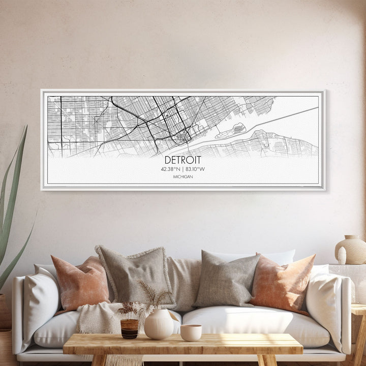 Panoramic Detroit City Map, Michigan Art, Map Print, Minimalist Wall Art, Canvas Art, Housewarming Gift, Street Map Art, Closing Gift