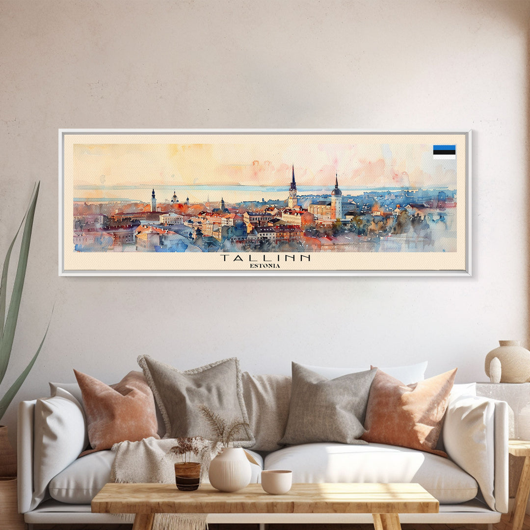 Tallinn Estonia Panoramic Travel Poster, Framed Canvas Print or Metal Wall Art, Travel Art, Home Decor, Panoramic Painting, Midcentury Art