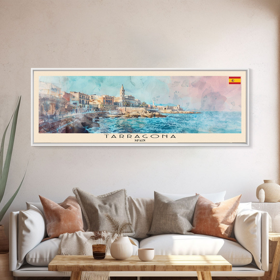 Tarragona Spain Panoramic Travel Poster, Framed Canvas Print or Metal Wall Art, Travel Art, Home Decor, Panoramic Painting, Midcentury Art