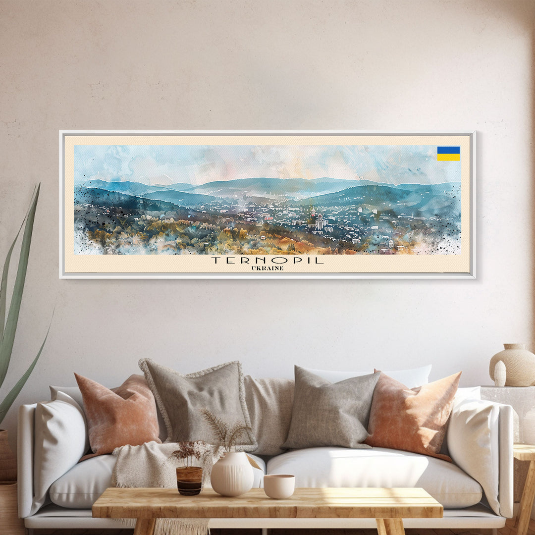 Ternopil Ukraine Panoramic Travel Poster, Framed Canvas Print or Metal Wall Art, Travel Art, Home Decor, Panoramic Painting, Midcentury Art