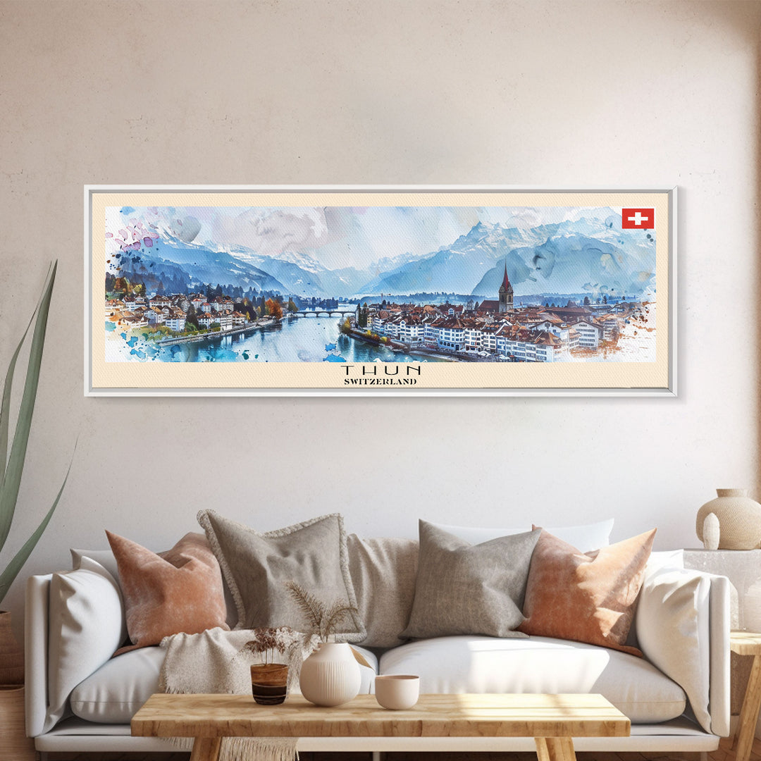 Thun Switzerland Panoramic Travel Poster, Framed Canvas Print or Metal Wall Art, Travel Art, Home Decor, Panoramic Painting, Midcentury Art