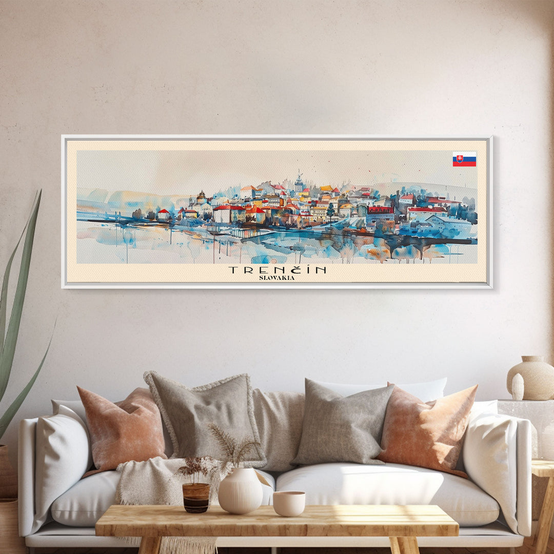 Trencin Slovakia Travel Art, City Art, Framed Canvas Print or Metal Wall Art, Europe Travel Poster, Panoramic Wall Art, Extra Wide Wall Art