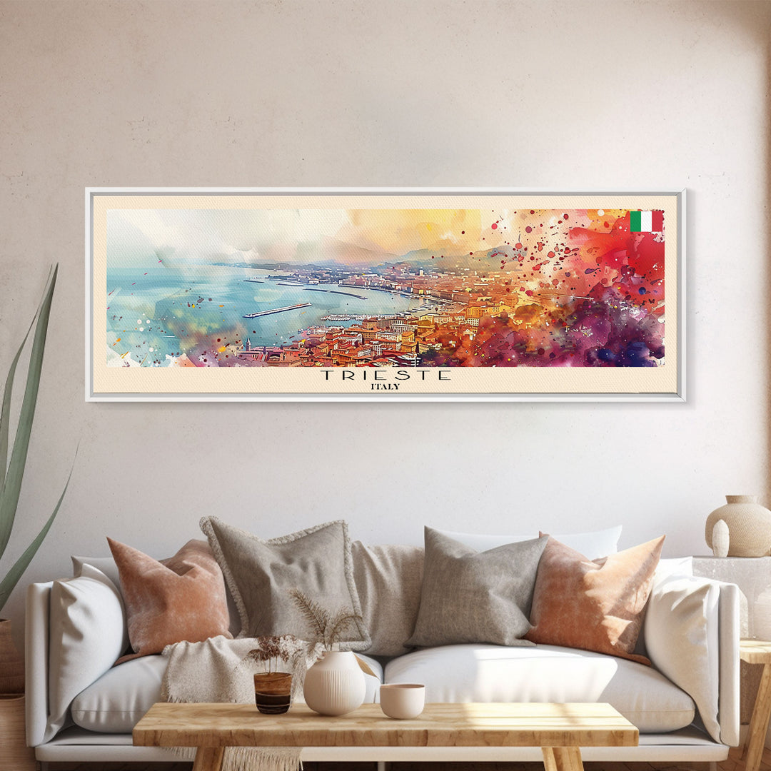 Trieste Italy Panoramic Travel Poster, Framed Canvas Print or Metal Wall Art, Travel Art, Home Decor, Panoramic Painting, Midcentury Art