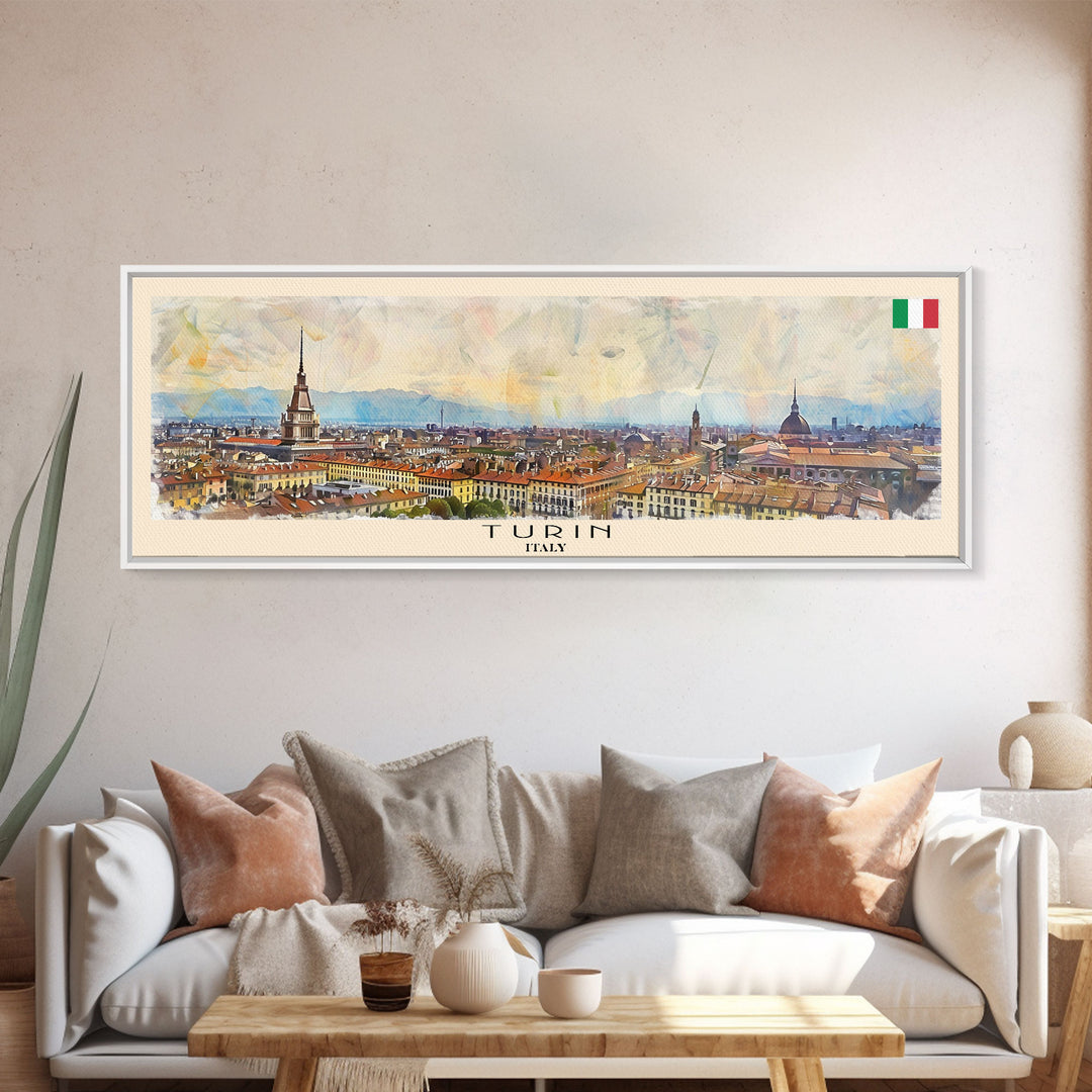 Turin Italy Panoramic Travel Poster, Framed Canvas Print or Metal Wall Art, Travel Art, Home Decor, Panoramic Painting, Midcentury Art